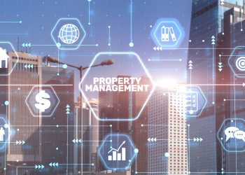 Property Management. Control and supervision of real estate on city background.