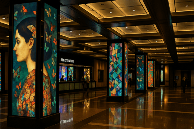 Digital art columns light up the Cosmopolitan's stylish lobby