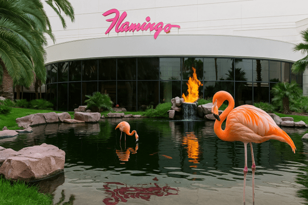 Flamingos by the peaceful pond at the Flamingo Wildlife Habitat