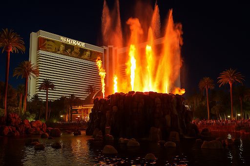 The Mirage Volcano erupts in a fiery night show on the Strip