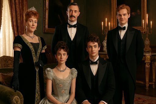 The Russell family from The Gilded Age posed in their opulent Fifth Avenue home.