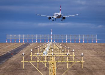 runway lights with landing airbus in vienna in austria