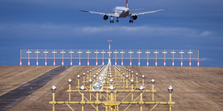 runway lights with landing airbus in vienna in austria