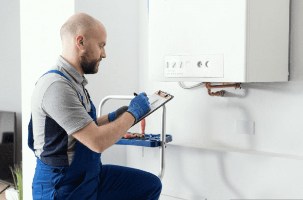 Gas engineer writing a gas safety certificate and boiler records after servicing