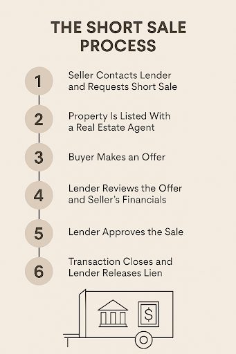 Step-by-step infographic explaining the short sale process from seller hardship to lender approval and closing.