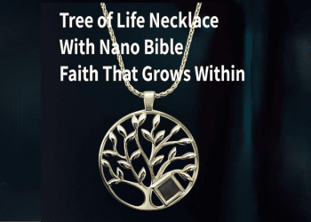 Gold plated jewelry featuring tree of life design with Bible inside from My Nano Jewelry