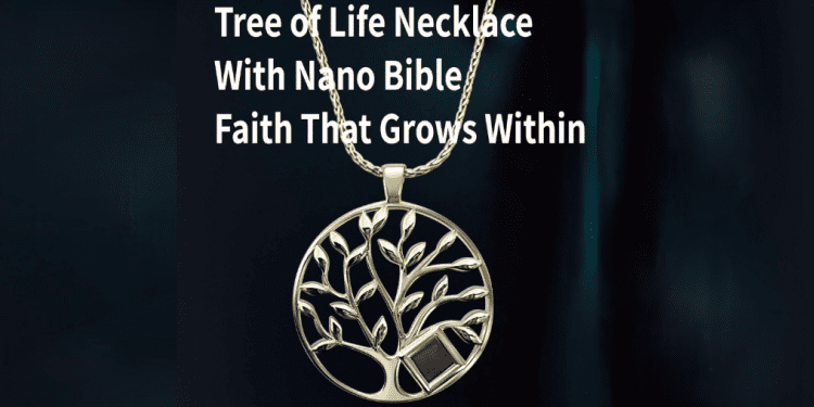 Gold plated jewelry featuring tree of life design with Bible inside from My Nano Jewelry