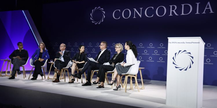 NEW YORK, NEW YORK - SEPTEMBER 23: (L-R) Michelle Williams, Professor, Stanford University, Daniella Foster, SVP & Global Head, Public Affairs, Market Access & Sustainability, Bayer,
David Napier, Professor of Medical Anthropology, University College London, Elena Bonfiglioli, Global Business Leader Healthcare Pharma Life Sciences, MICROSOFT Global Health,
Juha Jolkkonen, Executive Director, City of Helsinki, Dr. Ann Aerts,
Head Novartis Foundation, and Dr. Nicole F. Roberts, President, Health & Human Rights Strategies, speak onstage during the 2025 Concordia Annual Summit at Sheraton New York Times Square on September 23, 2025 in New York City. (Photo by John Lamparski/Getty Images for Concordia Annual Summit)