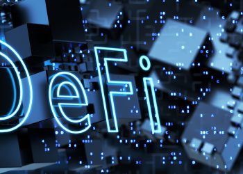 DeFi-decentralized finance on an abstract technological background made of metal cubes. Blockchain concept, decentralized financial system. 3d rendering..