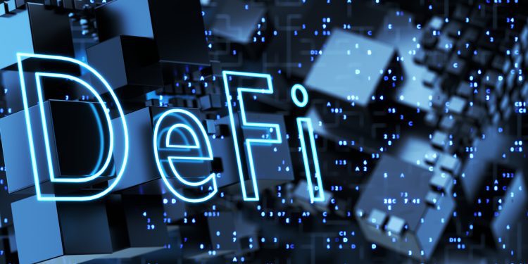 DeFi-decentralized finance on an abstract technological background made of metal cubes. Blockchain concept, decentralized financial system. 3d rendering..