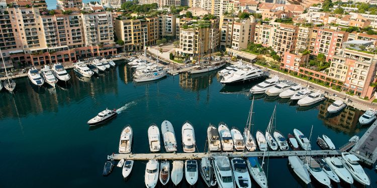 A view of the Port de Fontvieille and the high rise buildings in Monaco