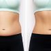 Two shots of a woman's belly with excess fat and toned slim stomach with abs before and after losing weight isolated on a white background. Result of diet, liposuction, training. Healthy lifestyle