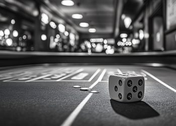 A close-up image of a dice on a craps table in a casino, with a blurry background of lights and a casino floor. This photo captures the thrill and excitement of gambling, with a sense of mystery and chance.