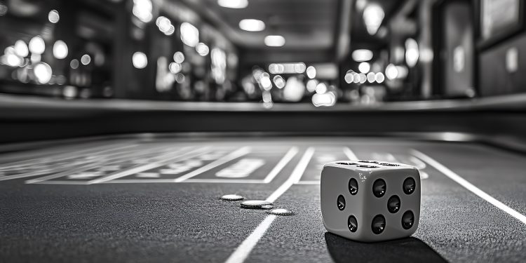 A close-up image of a dice on a craps table in a casino, with a blurry background of lights and a casino floor. This photo captures the thrill and excitement of gambling, with a sense of mystery and chance.