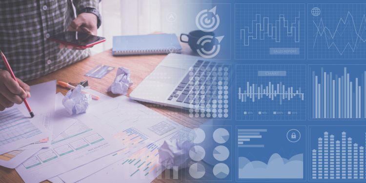 office table with businessman using mobile phone and virtual infographic report, toptable.
