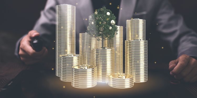 Hands holding a tree growing on coins Invest in stocks, save money, grow financially 3d illustration metaverse Virtual World