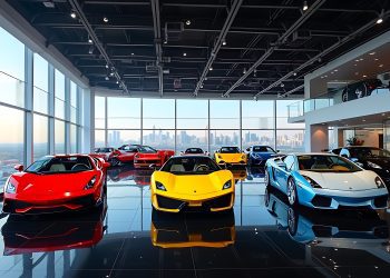 Luxury Lamborghini Showroom with City Skyline View