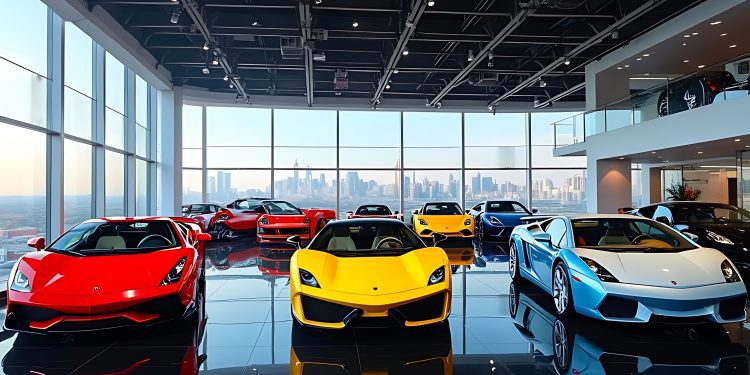 Luxury Lamborghini Showroom with City Skyline View