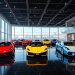 Luxury Lamborghini Showroom with City Skyline View