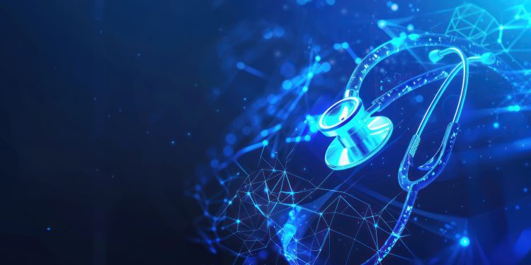 Stethoscope medical from futuristic polygonal blue lines and glowing stars for banner, poster, greeting card. AI generated