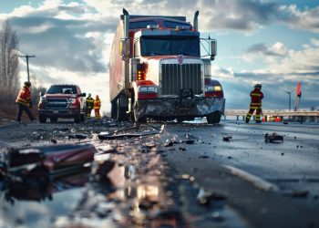 A truck accident scene with spilled cargo and emergency responders.