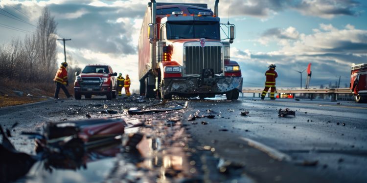A truck accident scene with spilled cargo and emergency responders.