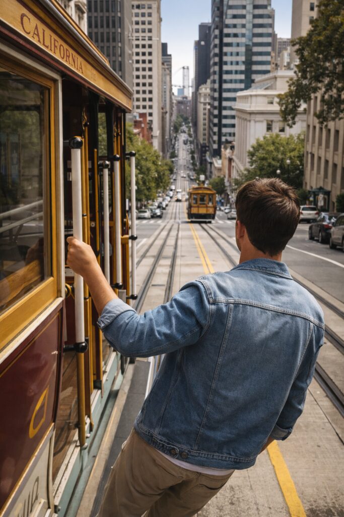 A passenger hanging off the side of the California Street line with the steep hill dropping away behind them.