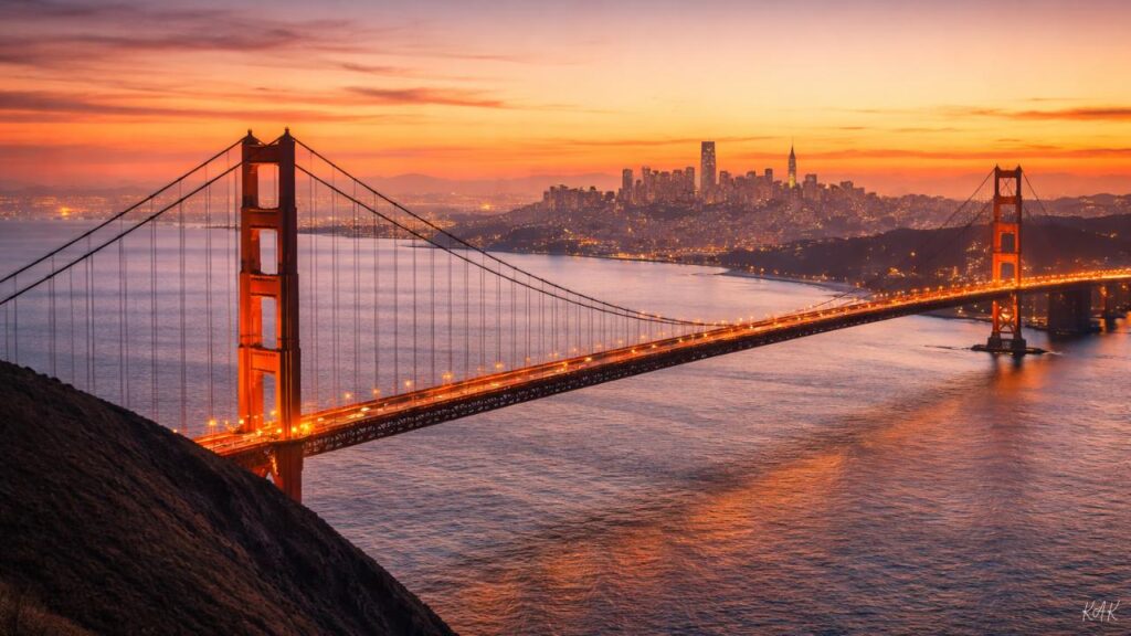 The iconic Golden Gate Bridge and SF skyline viewed from the Marin Headlands at sunset.