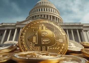 Bitcoin coin in focus with the Capitol building in the background.