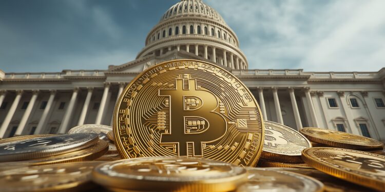 Bitcoin coin in focus with the Capitol building in the background.