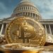 Bitcoin coin in focus with the Capitol building in the background.