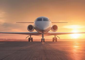 Private jet on an airport runway during a stunning sunset.