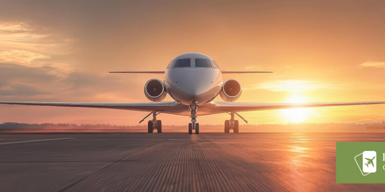 Private jet on an airport runway during a stunning sunset.