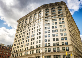 High and modern building in New York, USA. Vibrant colors