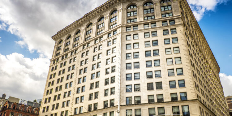 High and modern building in New York, USA. Vibrant colors