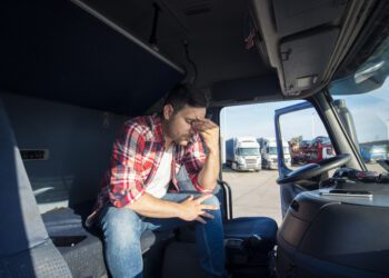 Truck driver sitting in his truck cabin feeling worried and upset.