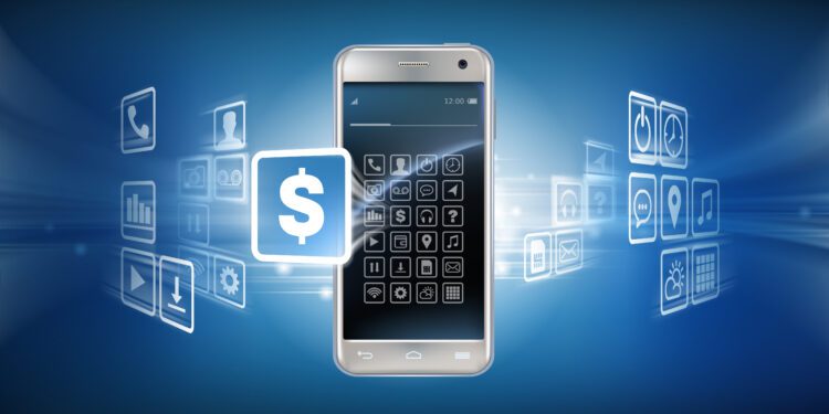 Vector illustration in a realistic style the concept of mobile payments using the application on your smartphone. Illustration of the smartphone and bank cards on an abstract background.