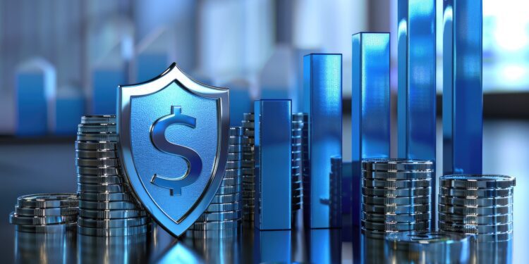 3D blue rising arrow profit bar graph and shield with multiple arrangements of coins, high detail, 8k --ar 3:2 --v 6 Job ID: b8ba3084-ae68-4659-8363-b9ef8eb04e62