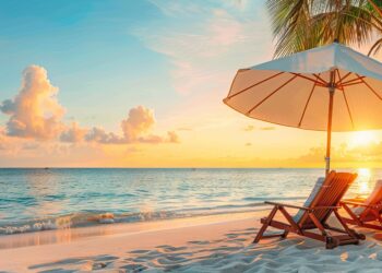 Beautiful tropical beach banner. White sand and coco palms travel tourism wide panorama background concept. Amazing beach landscape. AI generated illustration.