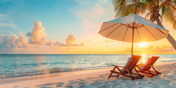 Beautiful tropical beach banner. White sand and coco palms travel tourism wide panorama background concept. Amazing beach landscape. AI generated illustration.