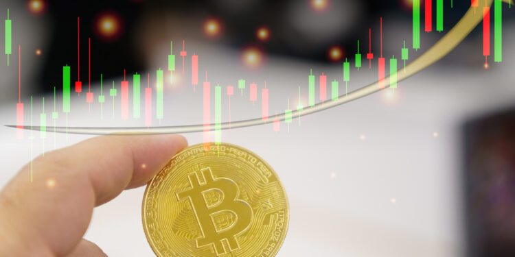 Bitcoins New Virtual money concept in mobile crypto wallet app which can travel pay buy during travel holiday vacation. Golden Bitcoin in hand of tourist at payment cashier exchange, copy space