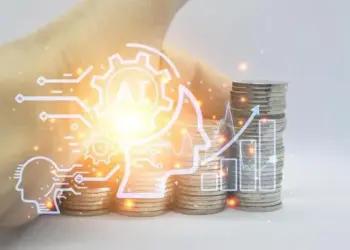 AI Wealth Creation concept showing a digital brain interface over stacked coins and financial growth charts.