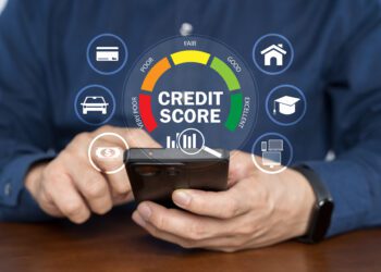 Credit score concept, Person use smartphone with virtual credit score icon for chart with credit history values. Online credit score ranking check. student loan, mortgage and payment cards.