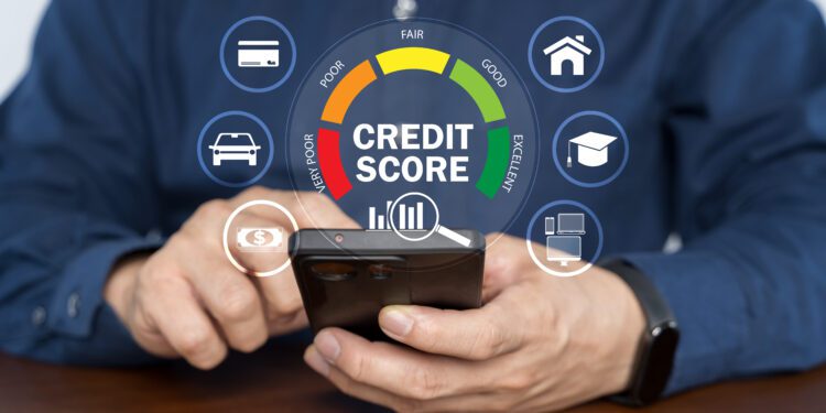 Credit score concept, Person use smartphone with virtual credit score icon for chart with credit history values. Online credit score ranking check. student loan, mortgage and payment cards.