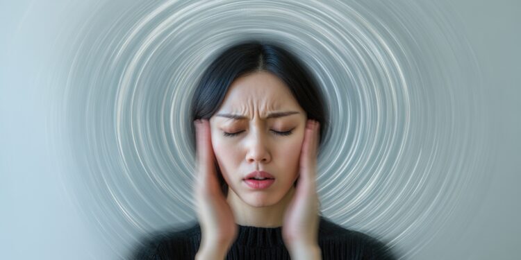 Dizziness effects: Portraying woman experiencing vertigo, capturing physical confusion, emotional impact of balance challenges, health struggles, wellness, medical issues