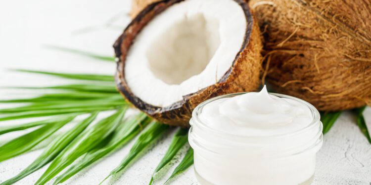 fresh natural coconut cream on a white background.