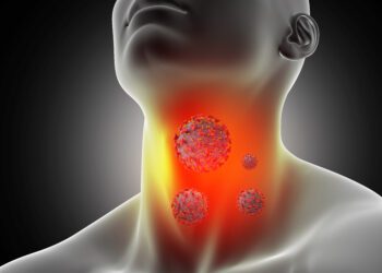 3D render of a male medical figure with sore throat and corona virus cells