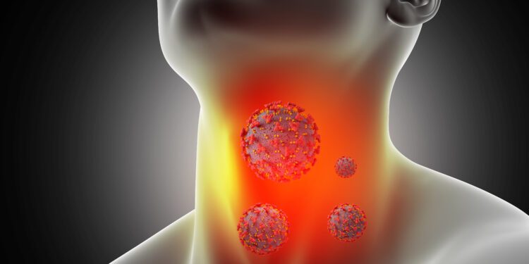 3D render of a male medical figure with sore throat and corona virus cells