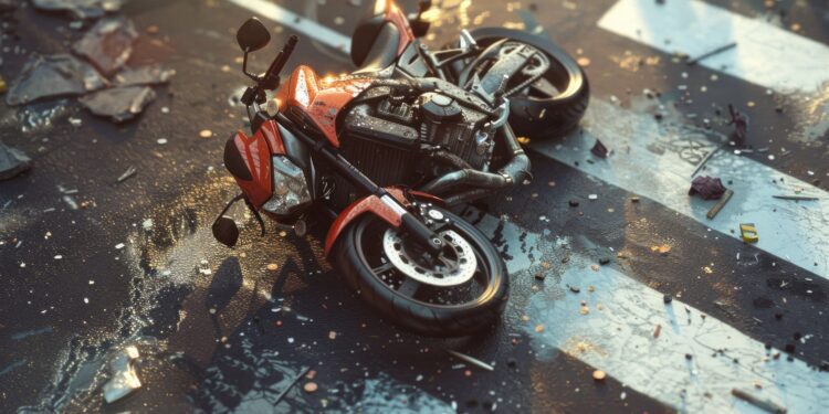 A motorcycle is laying on the ground in a city street. The scene is chaotic and disordered, with debris scattered around the motorcycle. The motorcycle appears to have been involved in an accident