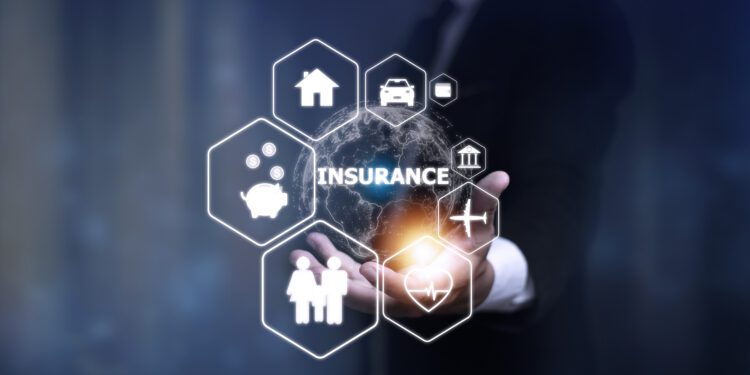 Online insurance on virtual screen. Life, car, property, health and family. Internet and digital technology concept.